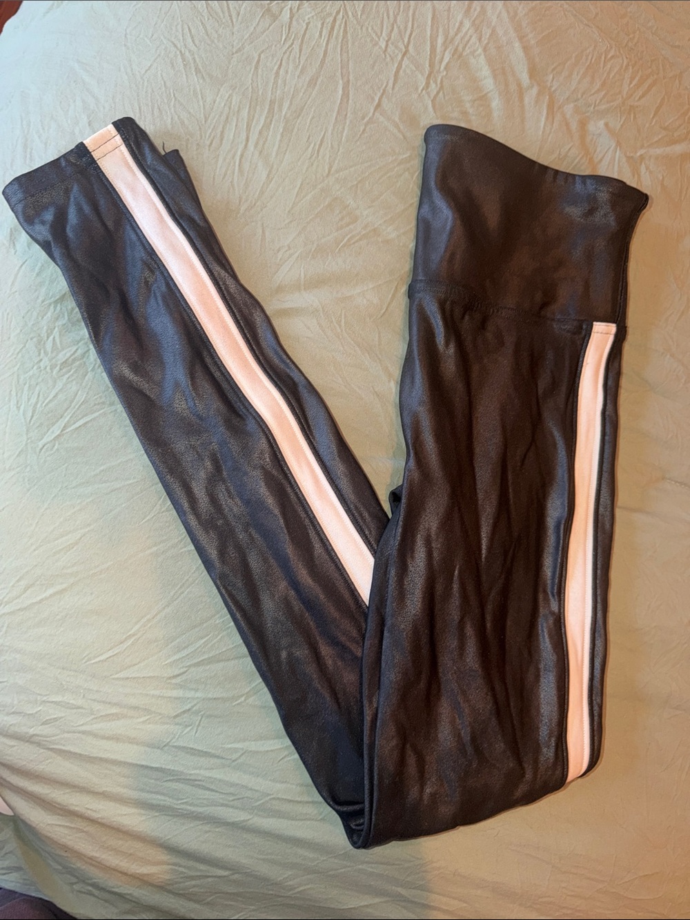 SPANX Black Faux Leather Leggings with Blush Side Stripe